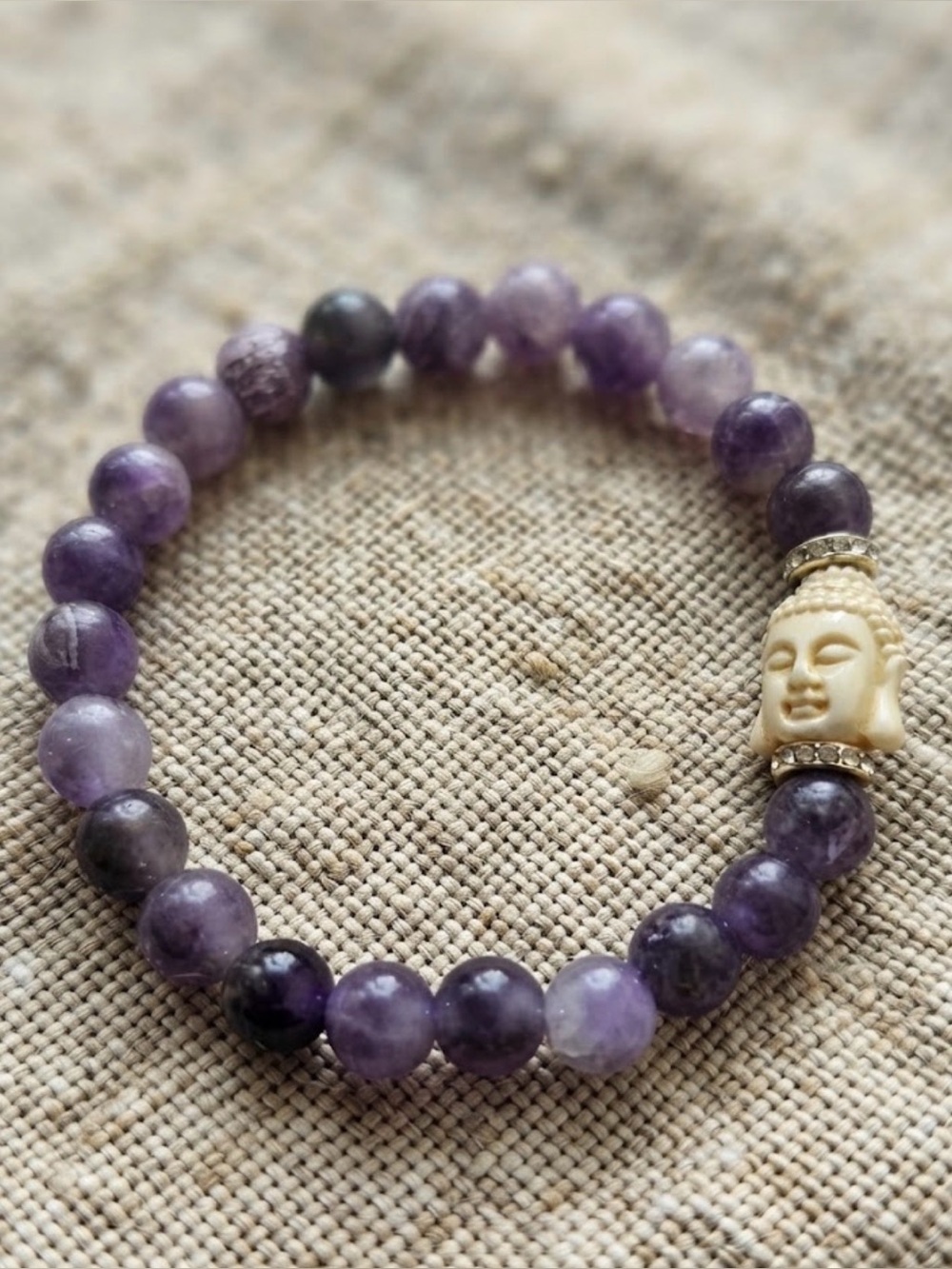 Amethyst Beaded Bracelet with Buddha Charm - Purple